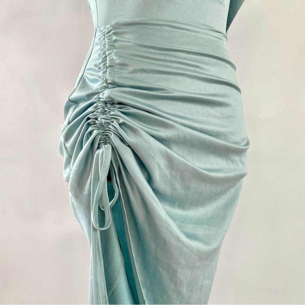 NWT Missguided Satin One Shoulder Asymmetric Ruched Side Midi Dress Blue 2 - Picture 6 of 16